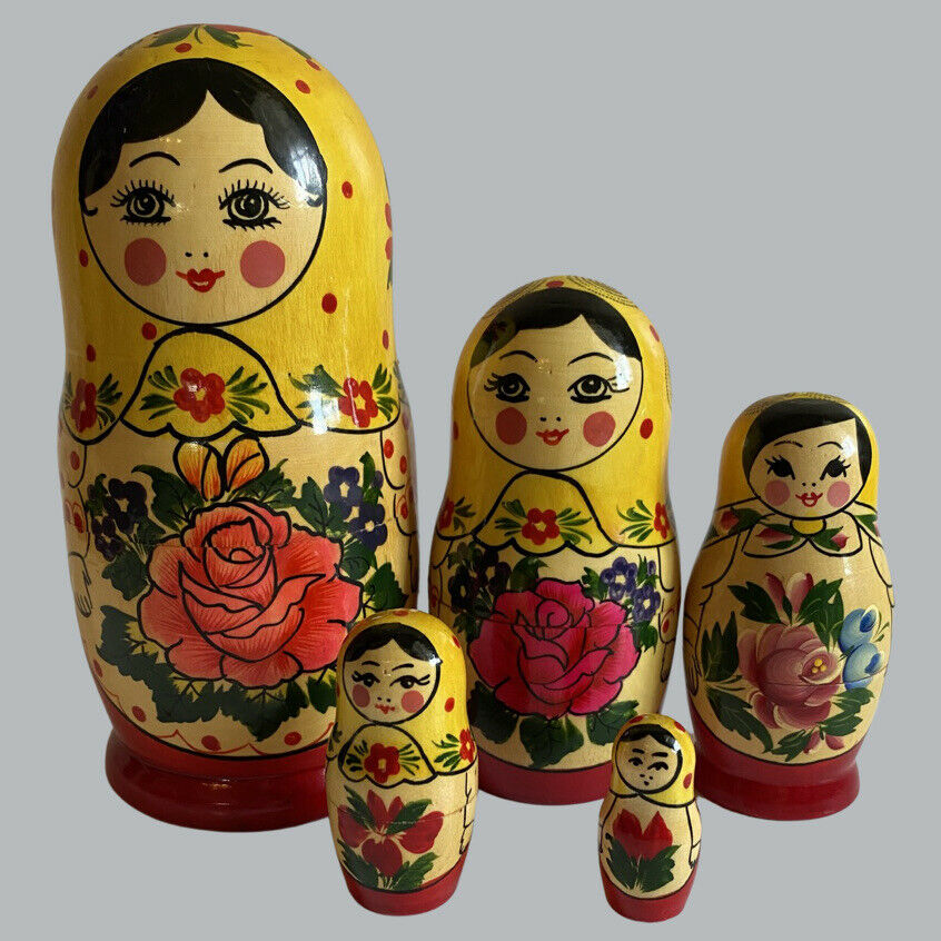 Nesting Dolls Russian Vintage Hand Painted Babushka Rose 5 Piece