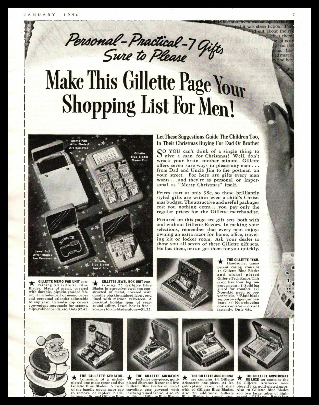 1940 Gillette Razors Shop Christmas List Gift For Men Newspaper Vintage Print Ad