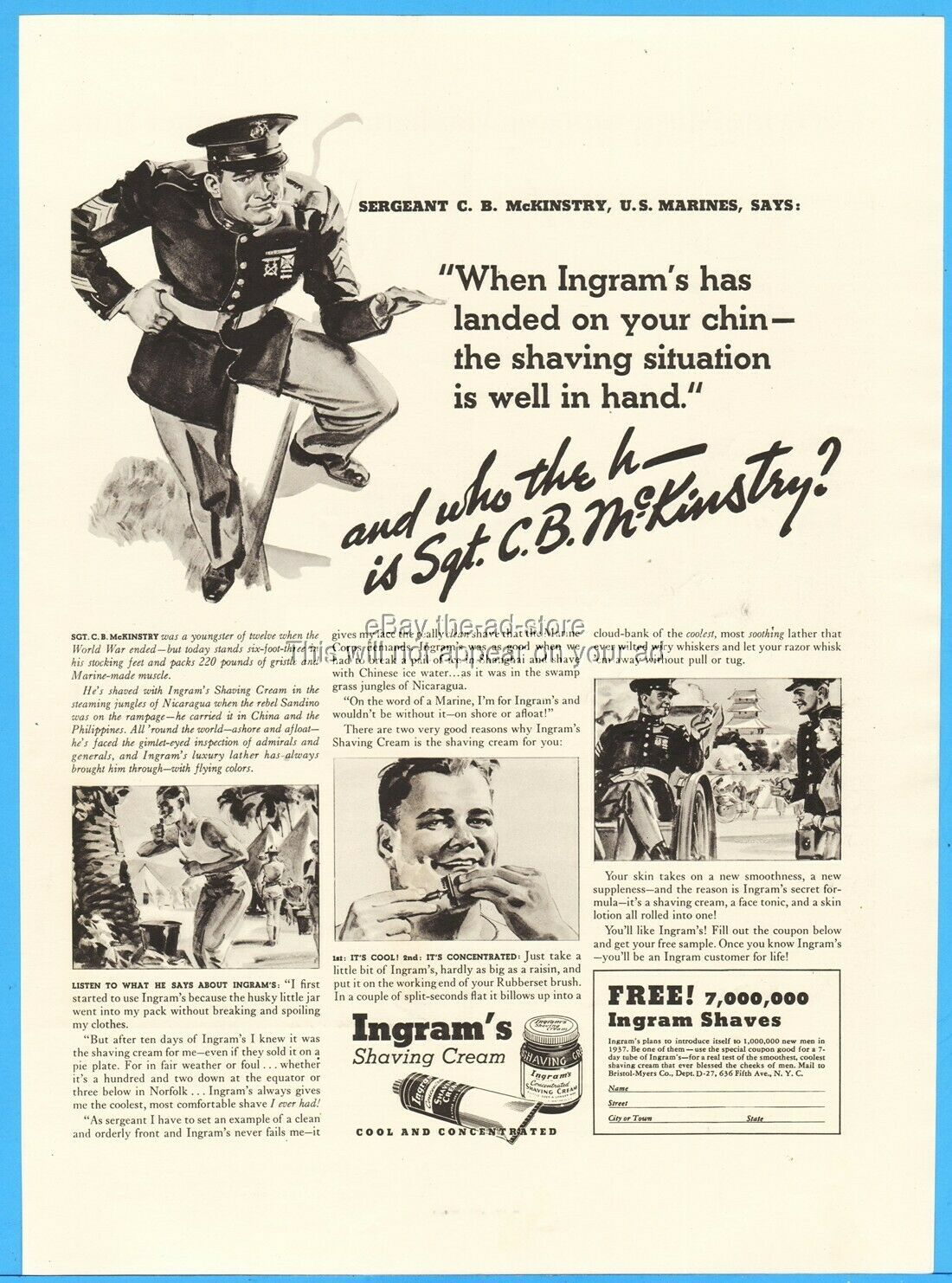 1937 Ingram's Shaving Cream Sergeant C B Mckinstry Us Marine Made Muscle Ad