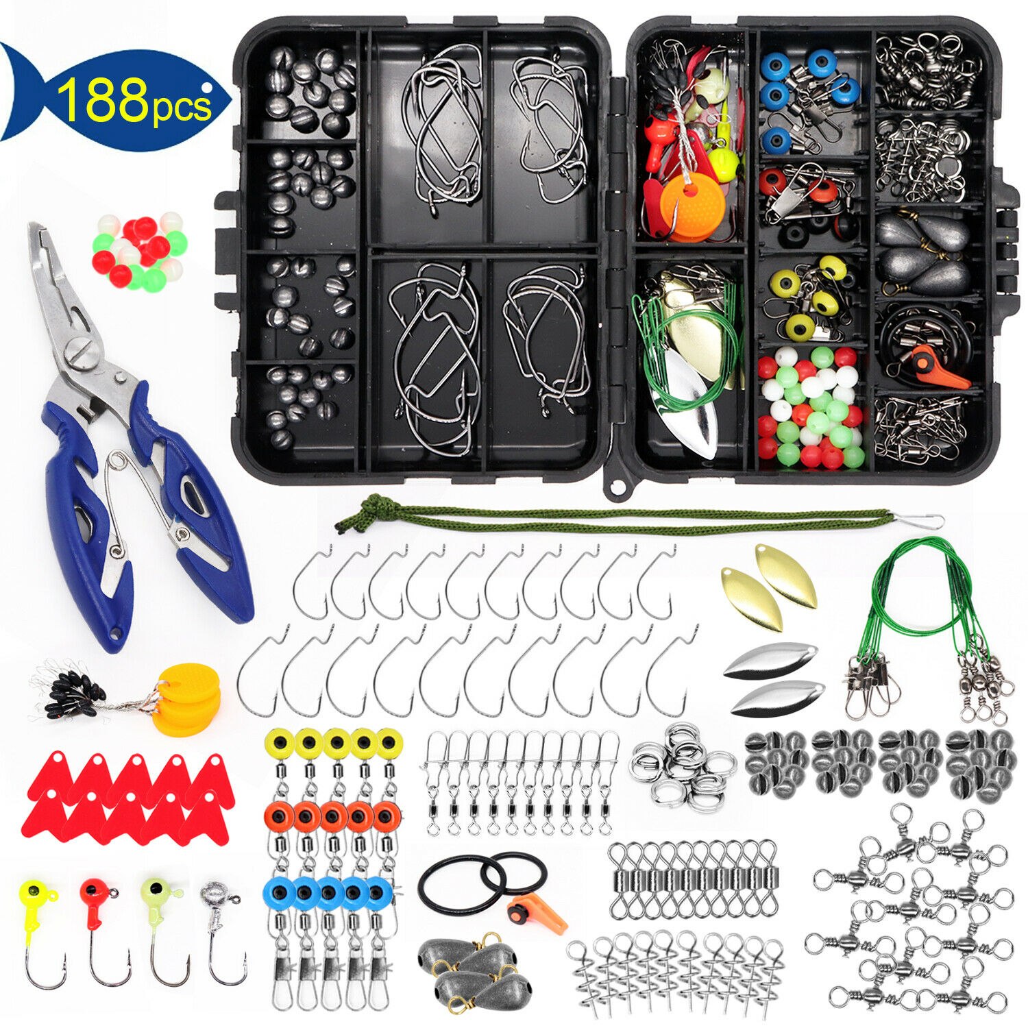 【188pcs】fishing Accessories Kit Set With Tackle Box Pliers Jig Hooks Swivels