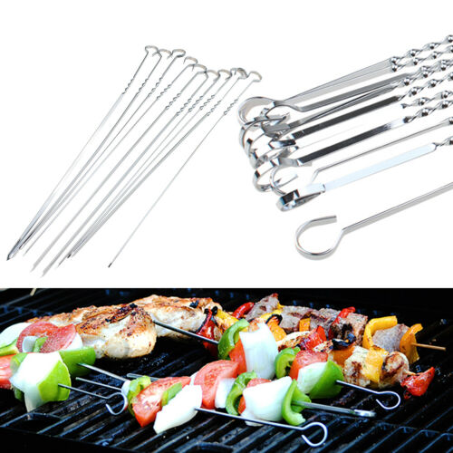 10pack Shish Skewers Barbeque Bbq Kebab Flat Long Grill Sticks Stainless Steel
