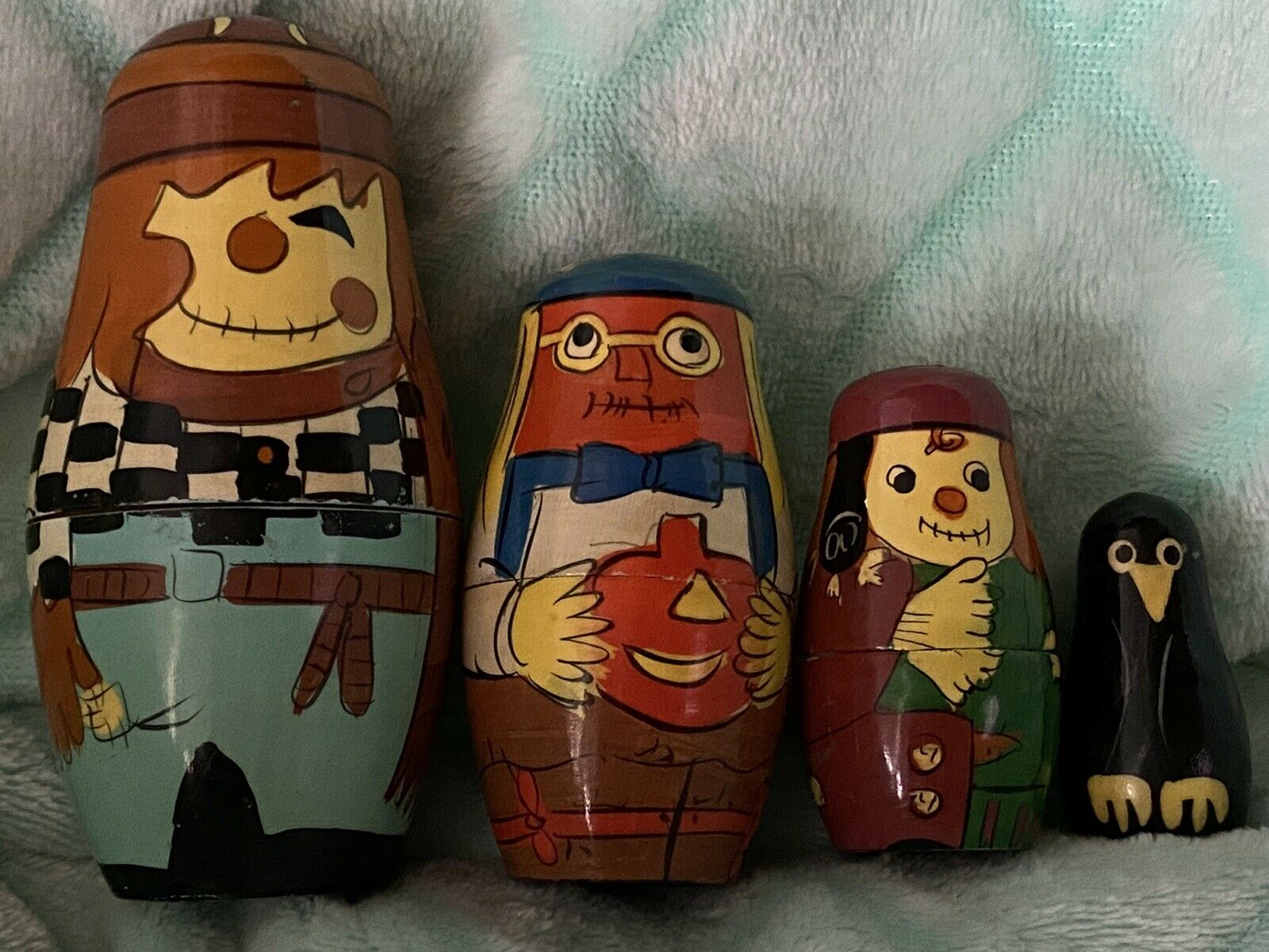 Vintage Matryoshka Russian Nesting Dolls Hand Painted- Scarecrows & Crow!