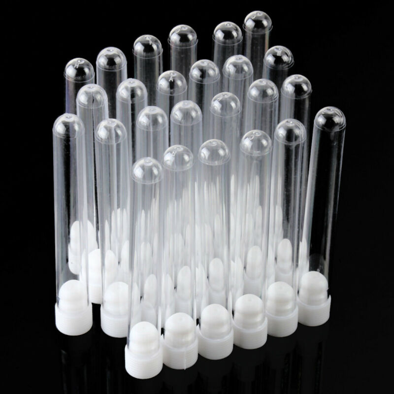25pcs 15x100mm Clear Plastic Vials Lab Test Tubes With Caps Stoppers White 12ml