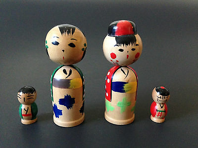 Japanese Vintage Kokeshi Wooden Nesting Dolls Hand Painted Parent Kids Set Of 4
