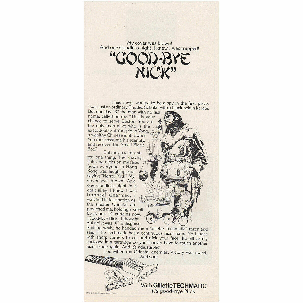 1973 Gillette Techmatic: Goodbye Nick Vintage Print Ad
