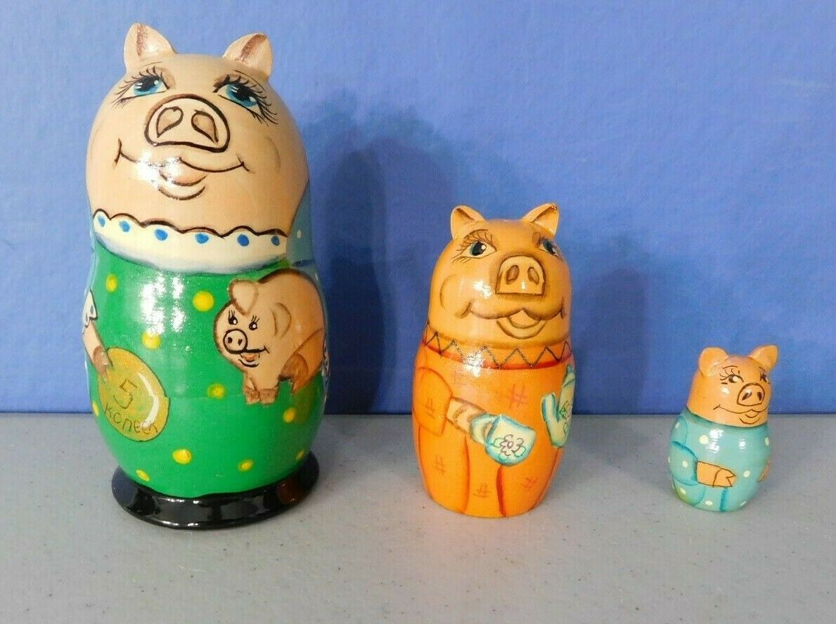 Three Handmade Wooden Nesting Pigs, Approx 4 Inches Tall