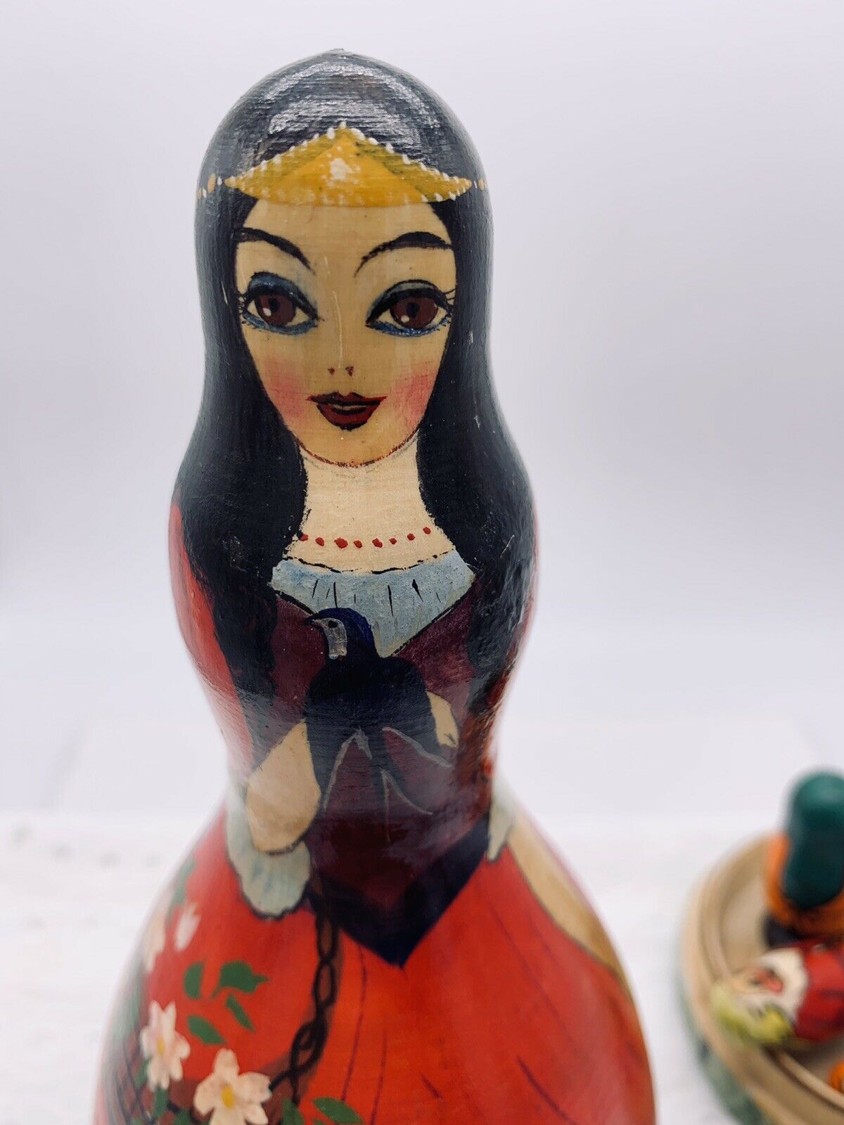 Russian Snow White, Hand Painted Wooden Nesting Type Doll, Dwarves Inside