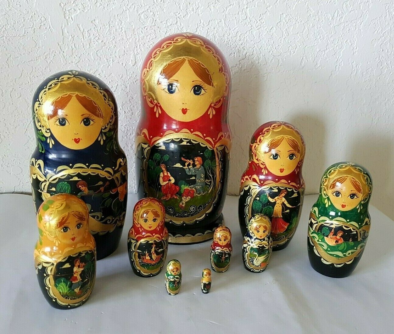Vintage Russian Wood Nesting Dolls Matryoshka 10 Pieces 9"h Signed Fairy Tale