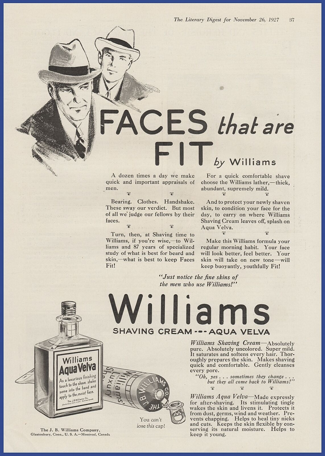 Vintage 1927 Williams Shaving Cream Aqua Velva Aftershave Ephemera 20's Print Ad