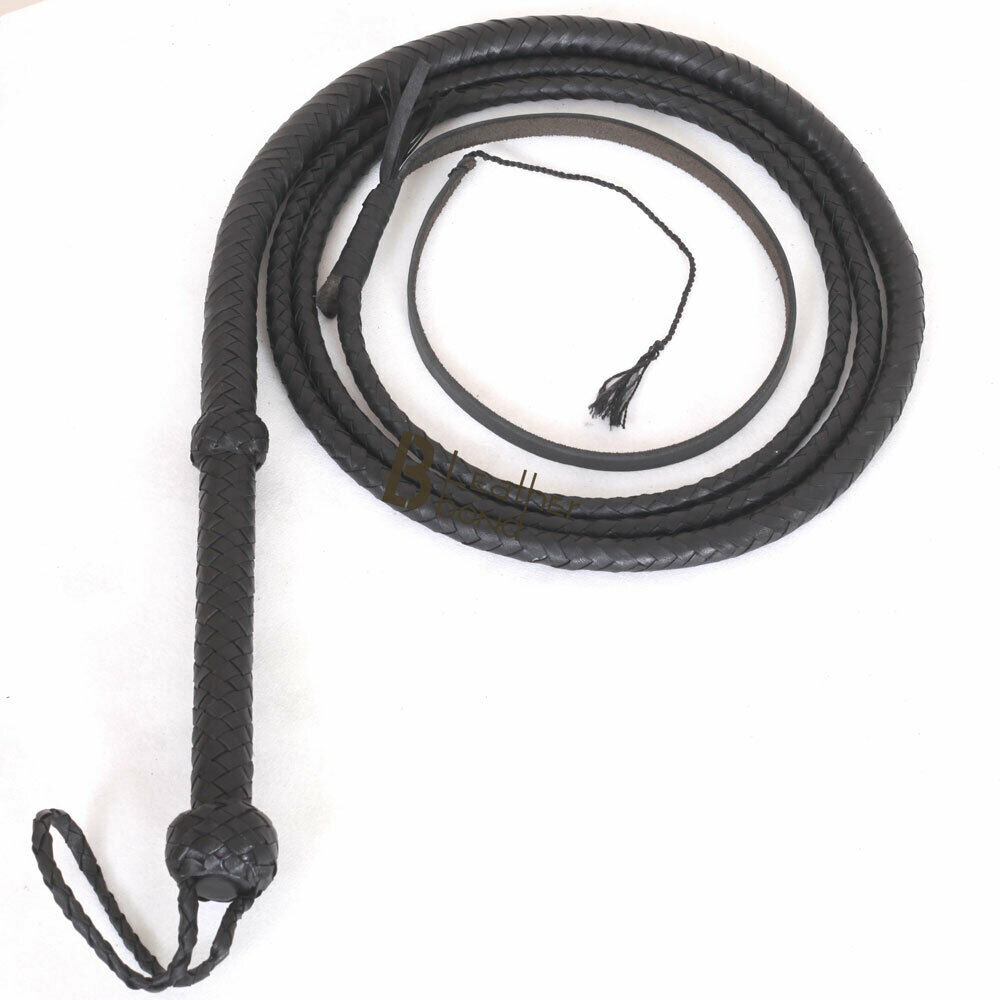 Indiana Jones Bull Whip 04 Foot 8 Strands Black Cow Hide Real Leather Bullwhip