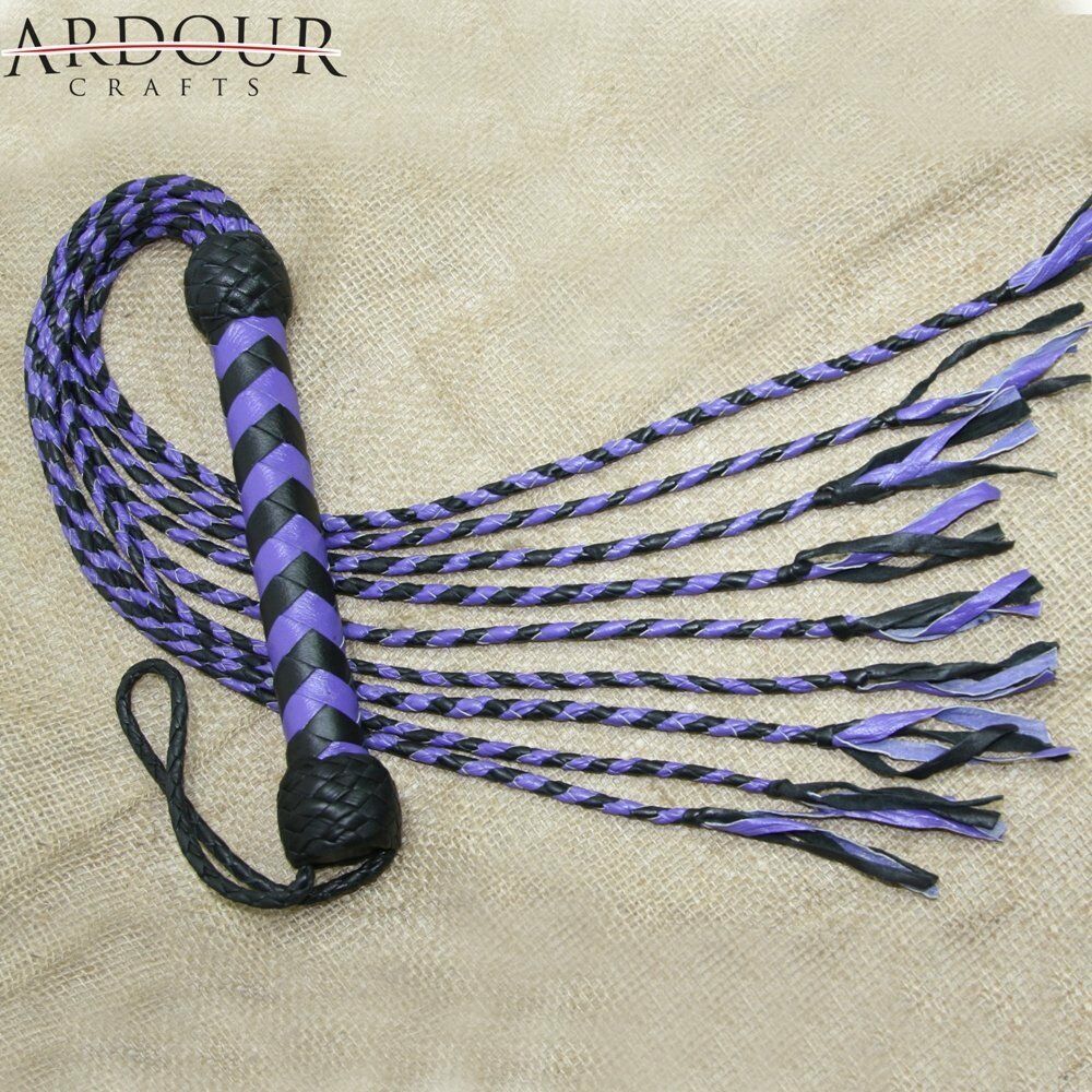Genuine Real Cow Hide Leather Flogger Purple & Black Braided 09 Tails Cat O Nine